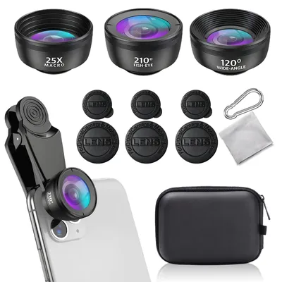 Produktbild von 3 in 1 Handy Kamera Objektiv, Makro Objektiv Handy, HD 210° Fischaugenobjektiv, 120° Weitwinkel, 25X Makroobjektiv, für die meisten Smartphones