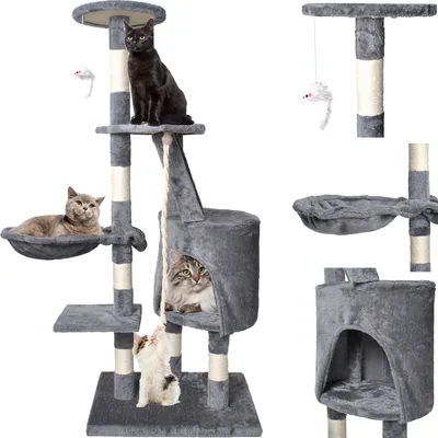 A multi-level cat tree with several cats on it, shown against a white background.