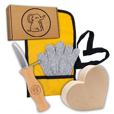 Produktbild von Eli® Schnitzmesser Kinder Set ab 6 Jahre inkl Schnitzholz Herz und schnittfeste Handschuhe - hochwertiges Kindermesser Schnitzset Kinderschnitzmesser, KI-generiertes Bild
