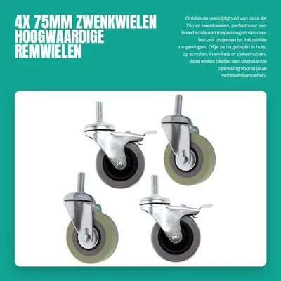 Produktbild von Radsatz mit 4 Stück - 75 mm Polyurethan-Räder - Schwenkräder mit Bremse - Drehbar - Verschleißfest - Tragfähigkeit 50 kg - Rollen