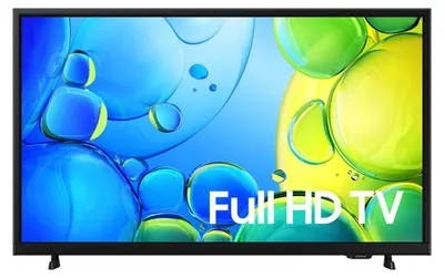 A television screen displaying a colorful abstract background with text.