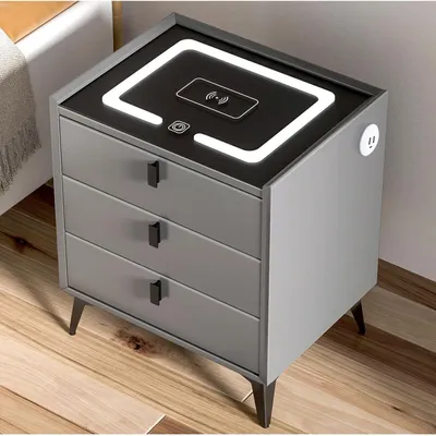 Produktbild von Nachttisch mit kabellosem Laden, LED-Licht, 3 Schubladen, Glasplatte, 50x60x40cm Schwarz Grau