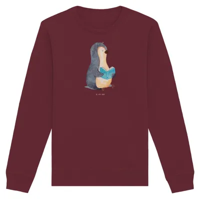 Produktbild von Mr. & Mrs. Panda Baumwoll Pullover Pinguin Buch Größe L - Burgundy - Geschenk, Sweatshirt, Ferien, Ausruhen, Nichtstun, Urlaub, Freizeit, Pulli, Sweater
