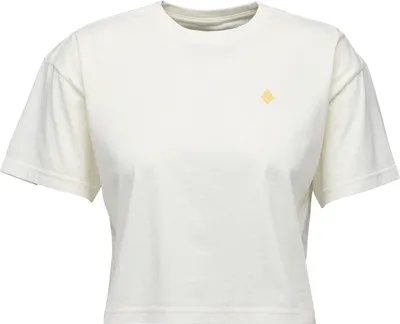 Weißes; kurzes Damen-T-Shirt mit rundem Ausschnitt und kleinem; gelben Diamond-Logo auf der Brust.