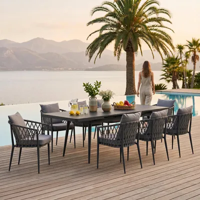Produktbild von Gartenmöbel Set SUNNY mit ausziehbarem Esstisch und 8 Stühlen, Esstisch Gestell aus Alu in schwarz, Seilbespannung der Stühle in grau, Essgruppe inkl. Sitzkissen, Terassenmöbel