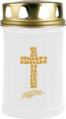 Produktbild von Grabkerze Weiß ( Druck Gold ), Brenndauer: 48 Stunden, Motiv: Kreuz