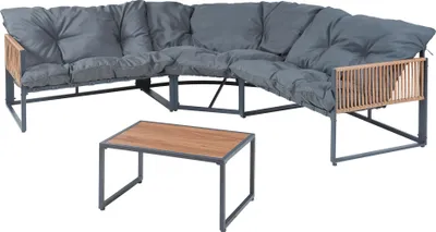 Produktbild von Loungeset 'Karg' Sofa mit Couchtisch Kissen Dunkelgrau / Rattanoptik