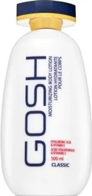 A white bottle of GOSH Moisturizing Body Lotion with blue and gold accents on the cap.