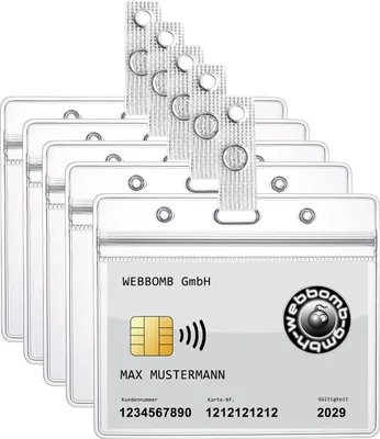 Produktbild von 5x Ausweishülle ZIP Kartenhalter flexibel & wasserdicht horizontal Karten Schutzhülle für Namensschilder und 1-2 Ausweise 0,80mm stark transparent + 5x Befestigungsclip ( gewebeverstärkt )