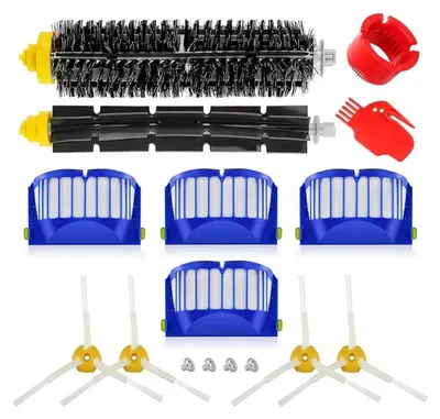 A set of cleaning brushes and filters for a robot vacuum cleaner, laid out on a white background.