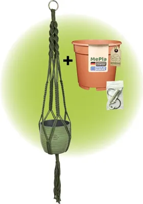 Produktbild von MePla - Set - Ampel Makramee Naturgrün - Bergamo ø14 Blattgrün + Kulturtopf ø13 + Beipack-Set 21550-001