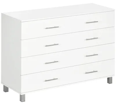 Image de Commode - Commode avec 4 tiroirs - Design moderne et minimaliste - Bois mélaminé - 112 x 38,2 x 81 cm - Livrée avec un tabouret de maquillage - Blanche