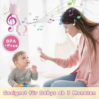 Produktbild von Babyspielzeug für 0–6 Monate: Montessori-Babyrassel und Beißring in Rosa