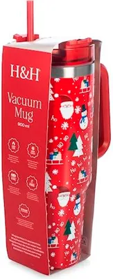 Produktbild von Thermobecher mit rotem Weihnachtsstrohhalm, 0,9 l.
