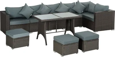 Produktbild von Outsunny Polyrattan Sitzgarnitur 10 tlg. Sitzgruppe Gartenset Sofagarnitur Gartenmöbel Set Lounge Stahl Luxus Dunkelgrau