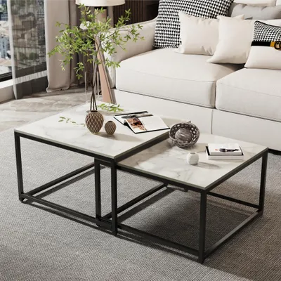 Produktbild von FATIVO Couchtisch Marmor Set Weiß: 2er Set Satztisch Abstelltisch Skandinavisch Beistelltisch Set für Wohnzimmer Groß:65×65×40 cm Klein:60×60×34 cm
