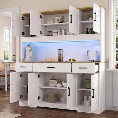 Obrázok produktu pre MODFU Kuchynská skrinka, vysoká skrinka, 150 × 40 × 180 cm, viacúčelová skrinka s veľkým úložným priestorom, LED osvetlením a zásuvkou, servírovacia skrinka pre kuchyňu a jedáleň, biela