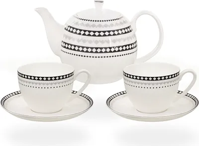 Produktbild von Buchensee Kaffeeset / Teeset / Teeservice / Teekanne / Kaffeekanne 1,5 liter mit 2 Tassen je 210ml, Rautendeko, Fine Bone China