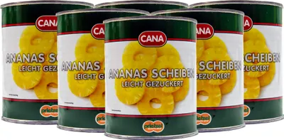 Produktbild von CANA Ananas Scheiben Ringe leicht gezuckert 6 Dosen Füll 825g ATG 490g