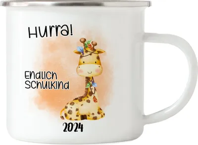 Produktbild von Endlich Schulkind 2024 Giraffe Emaille Tasse Schuleinführung Sohn Tochter Geschenk Schulanfang Erstklässler
