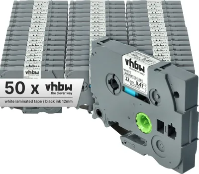 Produktbild von vhbw 50x Schriftband-Kassette kompatibel mit Brother GL H105, 100, 200, H100 Etiketten-Drucker 8m x 12mm Schwarz auf Weiß, Kunststoff