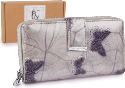Zdjęcie produktu dla Jennifer Jones Portfel Damski Lakierowany W Motylki Skórzany Duży z ochroną RFID Srebrny