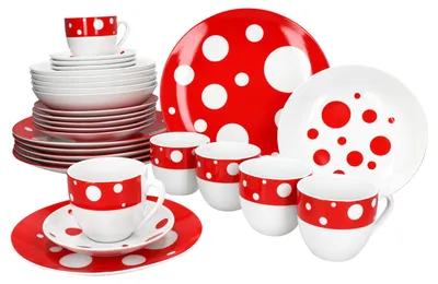 Immagine prodotto di Servizio combinato Pula rosso 30 pezzi stoviglie a pois tazze piatti