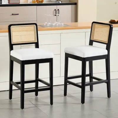 Produktbild von Barhocker 2er Set mit Rattan Rückenlehne und Holzbeinen, Leinenbezug, Beige