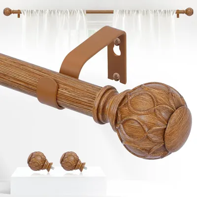 Produktbild von Gardinenstange TANGWIN Verstellbare Gardinenstangen für Fenster, 71 bis 122 cm, Durchmesser 2,5 cm, Stangen mit strukturierten Netzenden in Holzoptik,