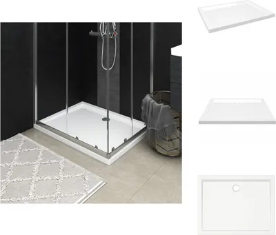 A collage of images showing a rectangular shower tray in a modern bathroom setting and separate views of the shower tray.