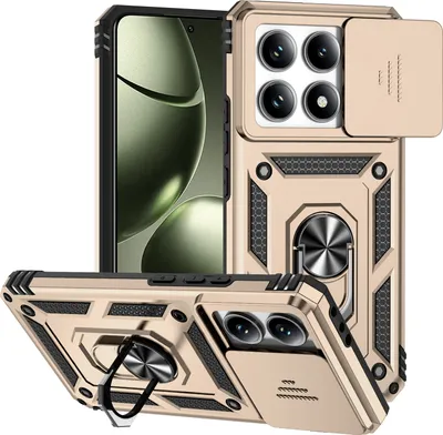 Immagine prodotto di Custodia per Xiaomi 14T a doppio strato con copertura scorrevole per la fotocamera e supporto ad anello Oro