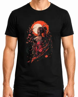 Imagen del producto de Camiseta para hombre, estilo anime/manga, con diseño de guerrera japonesa, estética "otaku" de principios de los años 2000, color negro, talla XL
