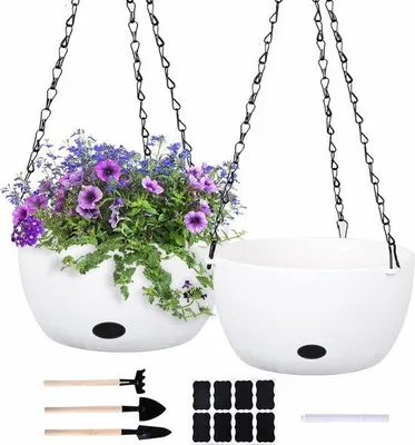 Image de Pot de fleurs suspendu, lot de 2, 20 cm, avec système d'arrosage automatique, suspensions pour fleurs avec chaînes, pot de fleurs suspendu, supports pour plantes à suspendre, pour intérieur et extérieur