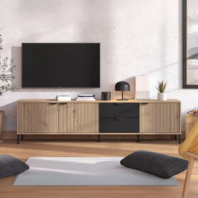 Image de Scapoli - Meuble TV, 208x40x55h cm Chêne Nœuds Marron, 2 Tiroirs
