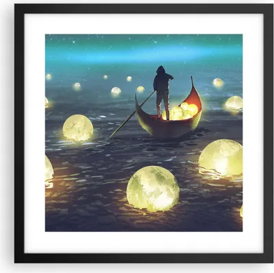 Produktbild von Gerahmtes Poster - Schwarzer Rahmen - Boot Wasser Märchen - 40x40 cm - Wand Bild - Wanddeko - Wandbilder - Kunstposter - Wandposter - Bilderrahmen - Bilder - Kunstdruck - Wandbild - P2BAC40x40-4002