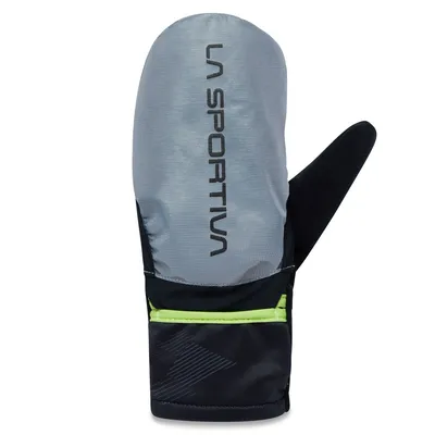 Lauf-Handschuh "Trail Gloves M" von La Sportiva in grau und schwarz mit reflektierenden Elementen und elastischem Bündchen.
