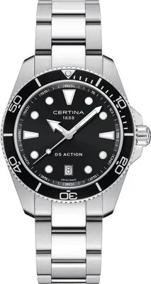 A close-up studio shot of a silver and black wristwatch.