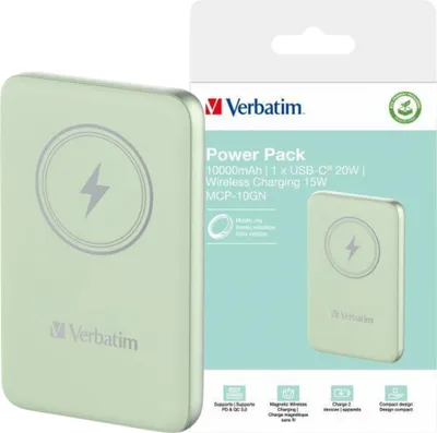 Zdjęcie produktu dla Verbatim Charge 'n' Go, 10000 mAh, Litowo-polimerowy (LiPo), Quick Charge 3.0, Bezprzewodowe ładowanie, Zielony