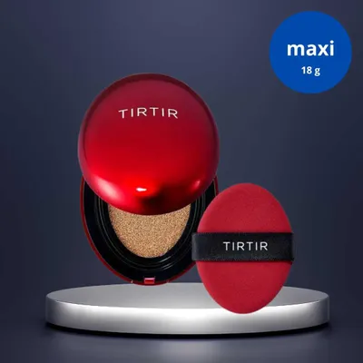 A red TIRTIR cushion foundation compact and its applicator are displayed on a silver platform against a dark background.