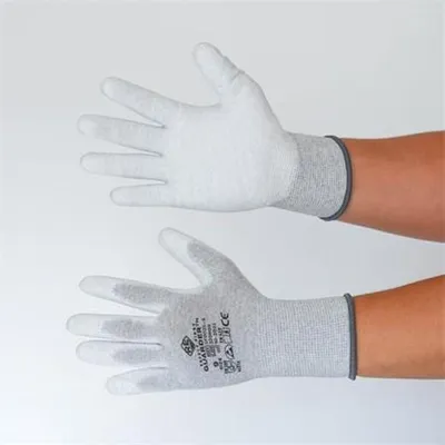 Produktbild von ESD-Montagehandschuhe, grau-weiß, gestrickt, M, Carbon-Polyester, PolyurethanHandfläche, 12 Paar, SF0025-8