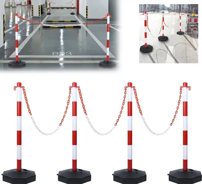 Produktbild von YARDIN 4 kusy zátarasových stĺpikov reťazové stĺpiky so 4 zátarasovými reťazami z plastu, sada reťazových stojanov s plastovou reťazou na riadenie dopravy a varovanie