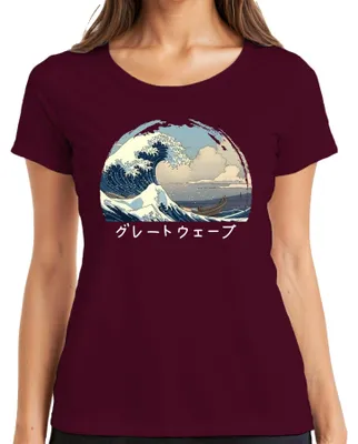 Obrázok produktu pre dámske tričko Hokusai Wave Japanese Ukiyoe Sea Boat Anime Manga, bordová farba, 3XL