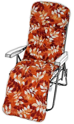 A padded cushion for a lounge chair, featuring a floral leaf pattern in shades of orange, brown, and white.