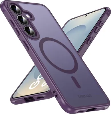 A purple phone case with a magnetic ring is shown diagonally against a white background. Another phone is partially visible behind it.