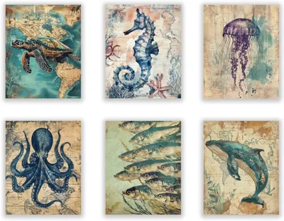 Imagen del producto de Decoración mural vintage con motivos marinos, juego de 6 piezas, 20x25 cm, temática náutica costera
