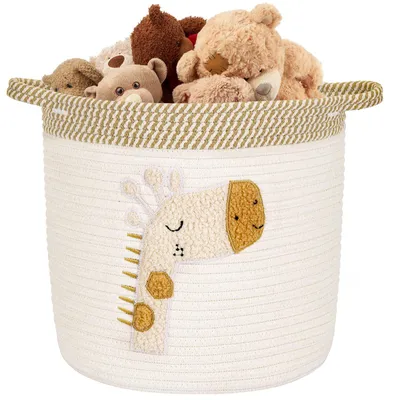 Image de Panier de rangement en coton pour enfants, paniers de rangement avec poignée pour les jouets et le linge dans la chambre d'enfant, panier à linge tissé pour la chambre à coucher, beige, 30 x 30 cm (girafe)