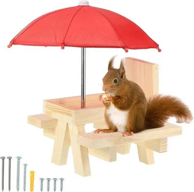 Image de Table de pique-nique en bois avec parasol rouge pour l'extérieur