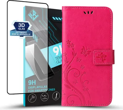 Produktbild von Handyhülle für Xiaomi Redmi Note 14 Pro 5G / 14 Pro+ 5G mit 9H Displayglas Floral Blumen Schmetterling Flip Cover Hülle Case Klapphülle Handytasche Farbe: Pink