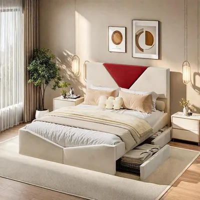 Productafbeelding van Gestoffeerd bed 140x190 cm met hoofdeinde, tweepersoonsbed met 4 lades, bed met opbergruimte en lattenbodem, beklede bedframe voor slaapkamer of logeerkamer, linnenstof, beige, zonder matras
