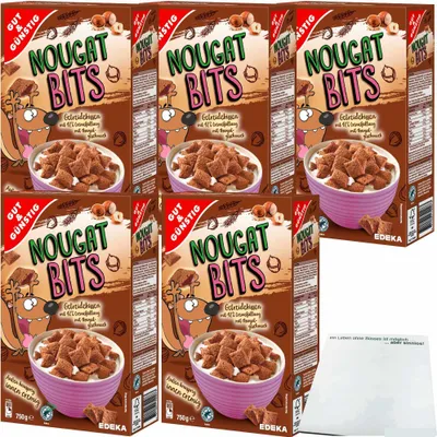 Produktbild von Gut & Günstig Nougat Bits Getreidekissen mit cremiger Nougatfüllung 5er Pack (5x750g Packung) + usy Block